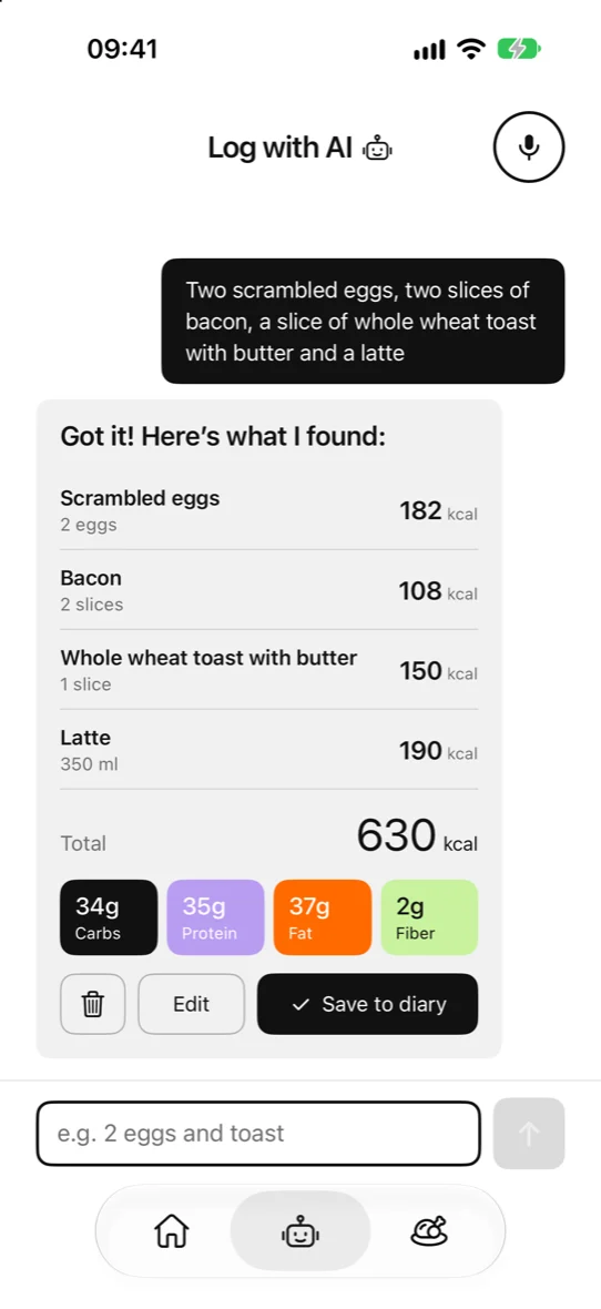 Log with AI: a meal typed in plain words and its nutrition values