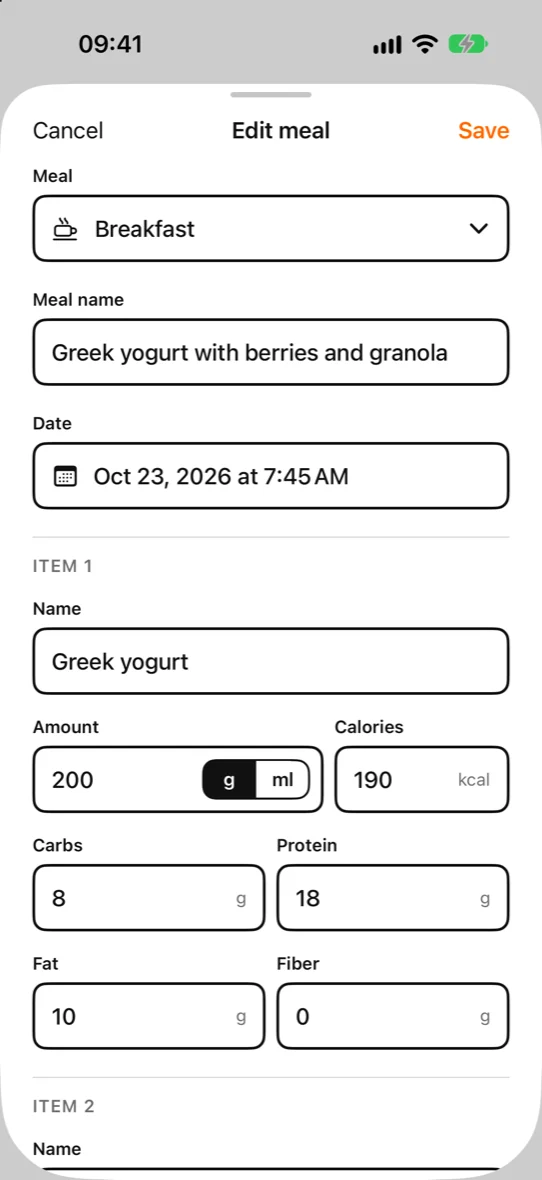 Edit meal: amount, calories and macros