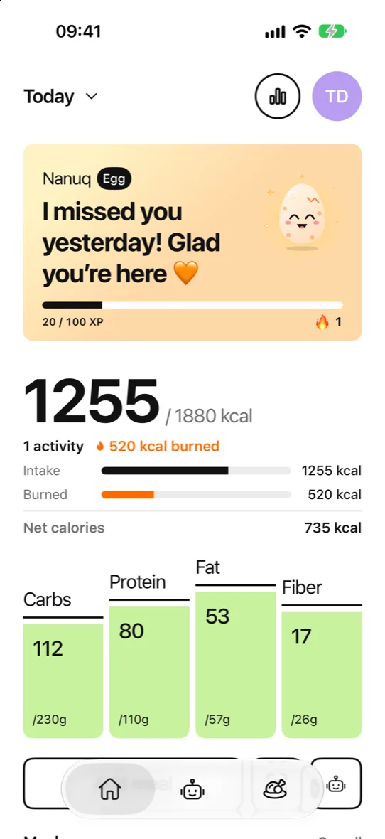 Home: daily intake, burned calories and macros